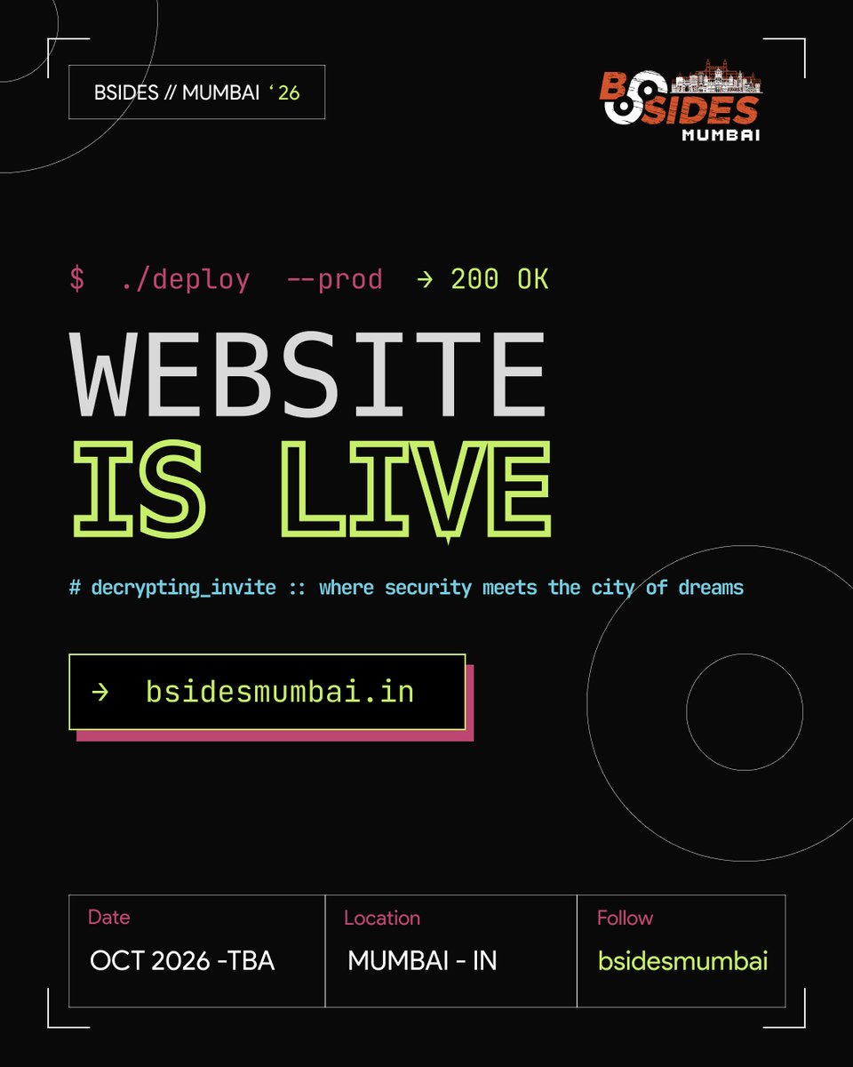 BSidesMumbai's tweet photo. After a long, long wait... we're back!

A new season of learning, sharing, and networking begins now.

The official #BSidesMumbai2026 website is LIVE!

🌐 https://t.co/0SH8buYhGA

More announcements coming soon. Stay tuned! https://t.co/TFNQyCasEB
