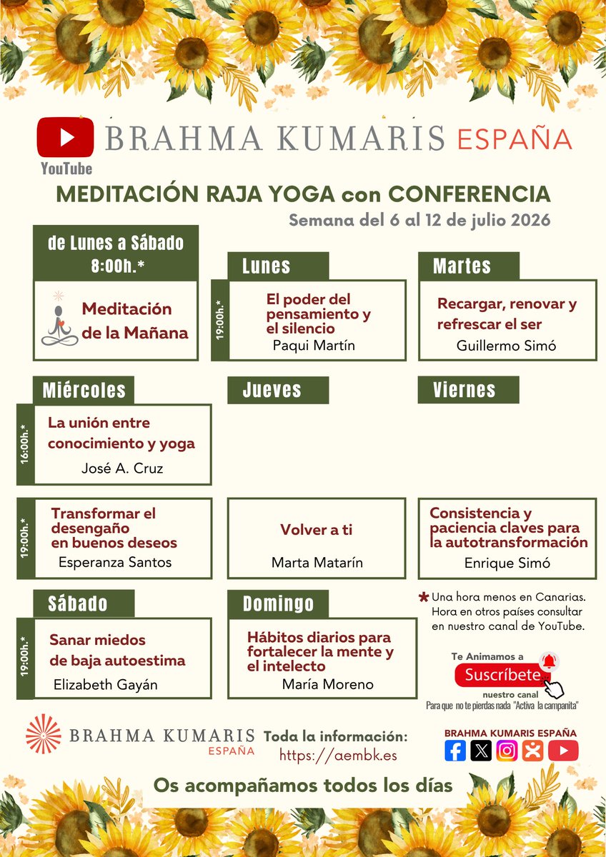 BK_Spain's tweet photo. Del 6al 12 de julio del 2026, te invitamos a participar en nuestras "Meditaciones Raja Yoga con conferencia" desde el Canal de YouTube Brahma Kumaris España.   Os acompañamos todos los días.
📌 Toda la información de nuestras actividades en https://t.co/agcj5jeiV6 https://t.co/aGxzyFFWyg
