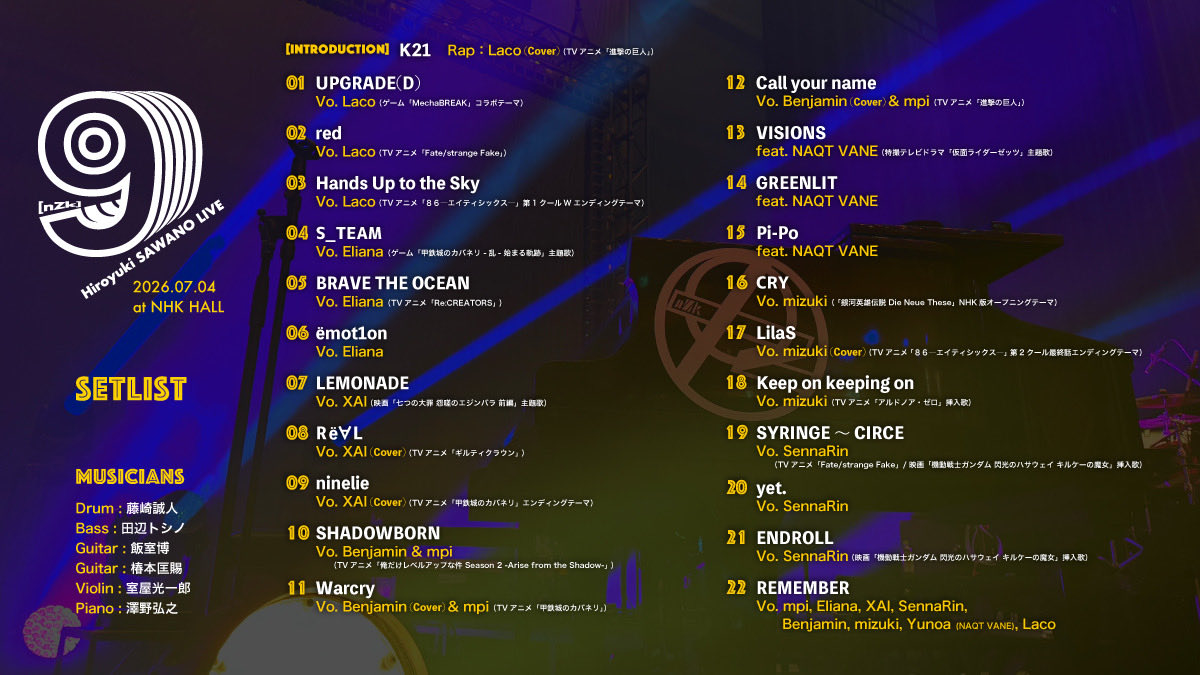 sawano_nZk's tweet photo. LIVE [nZk]009

SETLIST https://t.co/79GKpaJeyd