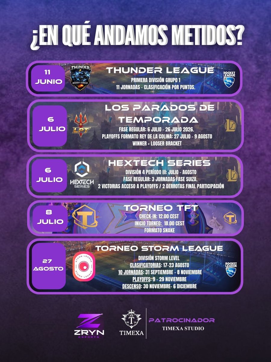 ZRYNesports's tweet photo. Estos son los torneos que se están llevando a cabo y los que comienzan en estos meses de verano con sus respectivas fechas para que no os perdáis ningún encuentro!

🟣#WeAreZRYN
🏆 #ThunderLeague
🏆 #LPT
🏆 #HextechSeries
🏆 Torneo TFT organizado por Bastida 
🏆#StormLeague https://t.co/1wdwmiNHKi