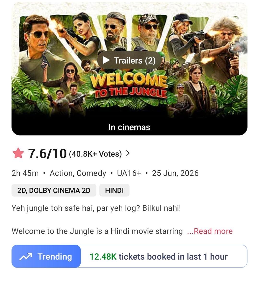 TeamKhiladi's tweet photo. 12.48K tickets booked in the last hour!
That’s the power of @akshaykumar and the love for the Welcome franchise. ❤️
A film that continues to entertain audiences well into its second week is always a winner.
#WelcomeToTheJungle #AkshayKumar #Welcome3 #BoxOffic https://t.co/YwO6VZz9Cv