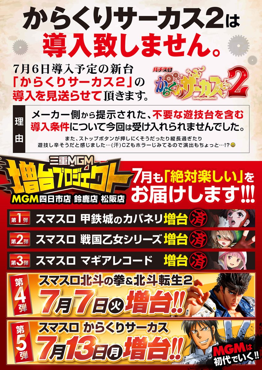 からくりサーカス2は導入しません。 その他の新台、増台でMGMは