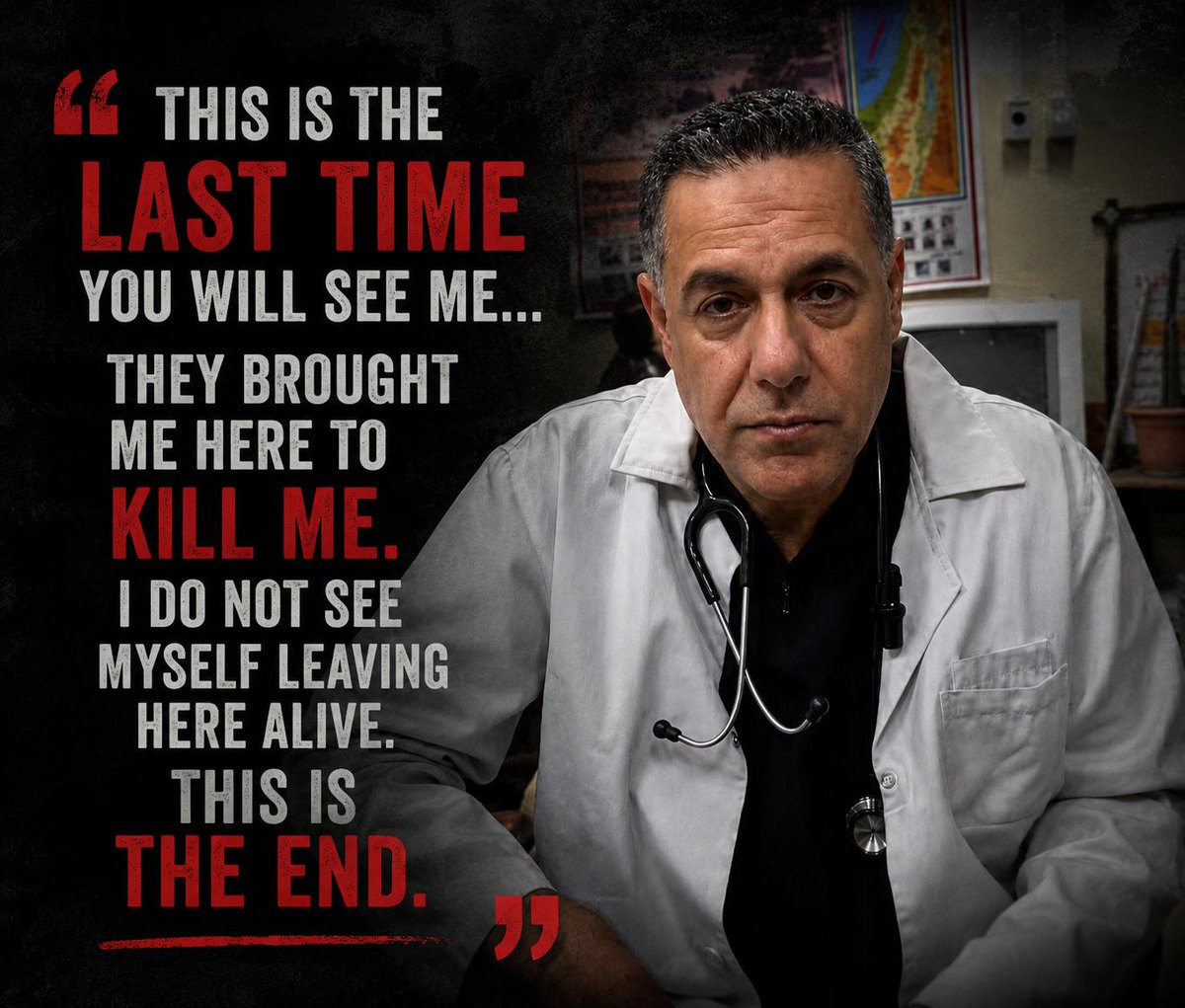 HussamAbuSafiya's tweet photo. 🚨 Dr. Hussam Abu Safiya’s life is in immediate danger.

Physicians for Human Rights–Israel (PHRI) has issued an urgent warning that Dr. Hussam Abu Safiya, Director of Kamal Adwan Hospital, is facing an immediate threat to his life following a visit by his lawyer, Nasser Odeh, to the underground interrogation unit “Rakefet” inside Nitzan Prison.

According to his lawyer, Dr. Abu Safiya was brought to the visit handcuffed and shackled, bearing fresh injuries and bruises to his head, face, and neck. He was struggling to breathe and speak, appeared severely exhausted, and was on the verge of losing consciousness several times. He also reported being subjected to daily assaults, losing consciousness repeatedly, and being denied adequate medical treatment.

He told his lawyer: “This is the last time you will see me… They brought me here to kill me. I do not see myself leaving here alive. This is the end.”

PHRI is calling for his immediate transfer from this unit, an independent urgent medical examination, and his immediate release along with all healthcare workers detained without charge or trial.

Time is running out. Save Dr. Hussam Abu Safiya before it’s too late.