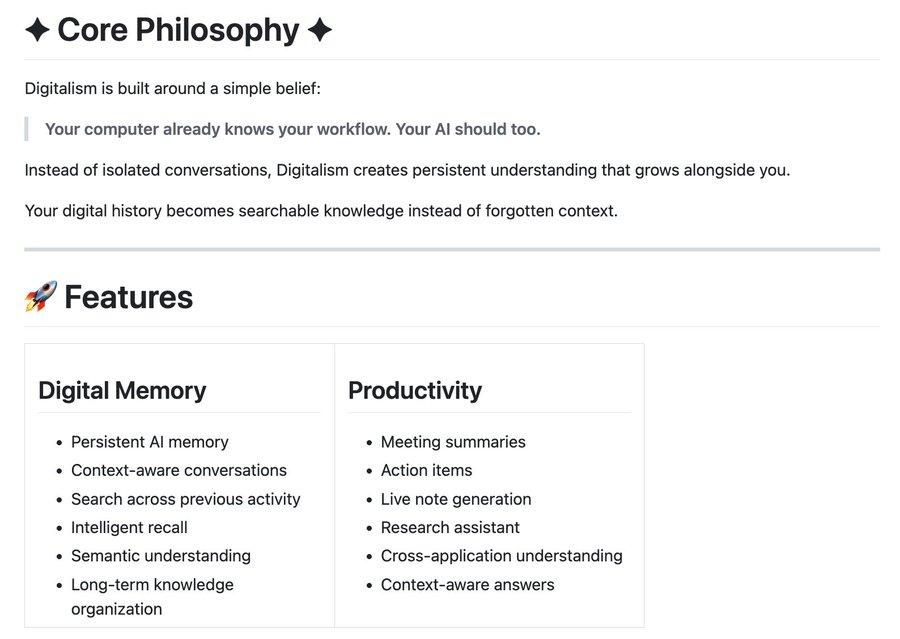 scrapemaster0x's tweet photo. there's a cracked dev who's creating a DIGITAL MIND EXTENSION called digitalism https://t.co/pHY7zD08Y4

it's a personal cognitive operating system that builds a structured understanding of your digital life

with so many brands becoming digital only, this is a genny narra https://t.co/GJc9Q3jR5c