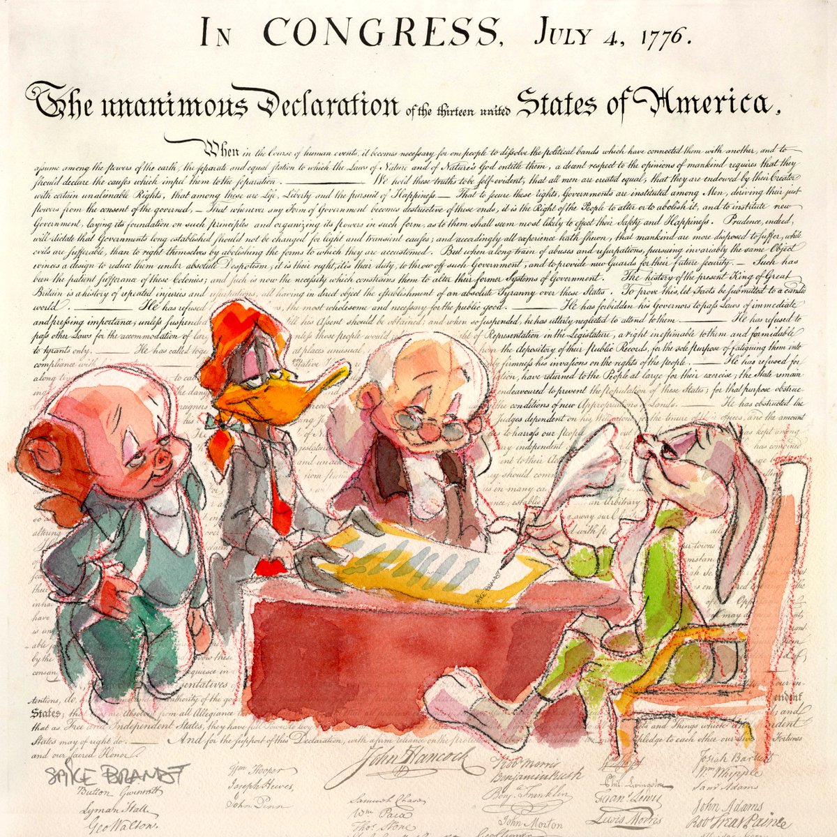 skullislandprod's tweet photo. Happy 250 America! Porky Pig, Daffy Duck, Elmer Fudd and Bugs Bunny celebrate the Spirit of ’76 by reenacting a famous autograph session. #BugsBunny #DaffyDuck #PorkyPig #ElmerFudd #LooneyTunes #DeclarationofIndependence https://t.co/BHPE5CnKiU