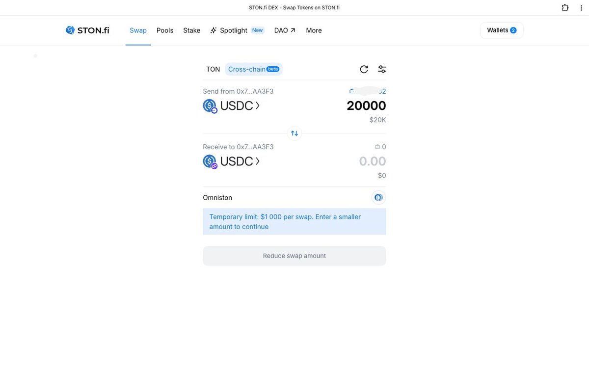 onchainSani's tweet photo. I spent some time exploring https://t.co/CZhbbe6Z8M's new cross-chain swaps today instead of just reading the announcement.

One small detail caught my attention.

After entering the amount, Omniston starts searching for routes behind the scenes. It seems like a simple loading step, but that's actually where the protocol is finding the best execution path across supported chains.

Another thing I liked is the execution model. If the quoted amount can't be delivered, the swap simply doesn't execute and the funds return instead of completing with an unexpected result.

It's still in Beta with a $1,000 transaction limit, but after exploring the interface, it already feels much simpler than the multi-step cross-chain workflows many users are used to.

Curious to see how this develops as more assets and higher limits are introduced.

@ston_fi