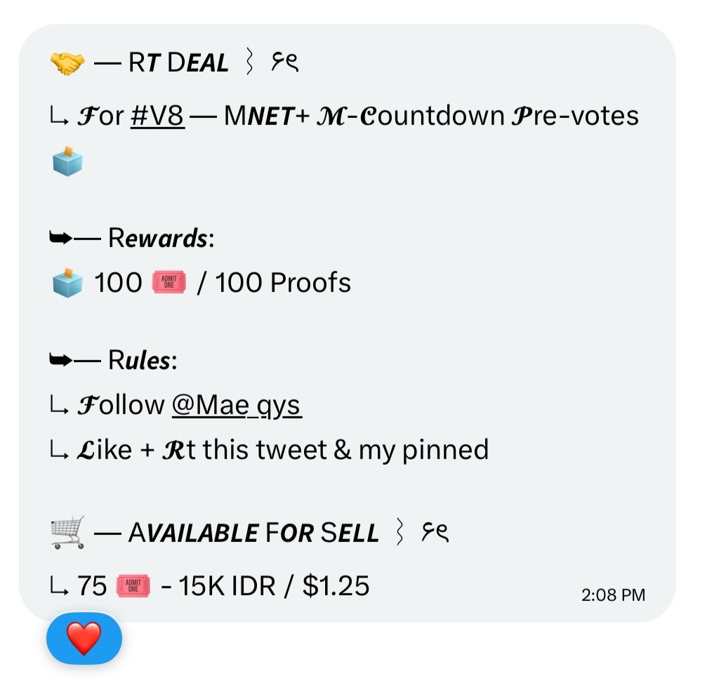 haocattos's tweet photo. 🤝 — R𝙏 D𝙀𝘼𝙇 ⌇ ۶ৎ
↳ 𝓕or #V8 — M𝙉𝙀𝙏+ 𝓜-𝓒ountdown 𝓟re-votes 🗳️

➥— R𝙚𝙬𝙖𝙧𝙙𝙨:
🗳️ 100 🎟️ / 100 Proofs

➥— R𝙪𝙡𝙚𝙨:
↳ 𝓕ollow @Mae_qys
↳ 𝓛ike + 𝓡t this tweet &amp; my pinned

🛒 — A𝙑𝘼𝙄��𝘼𝘽𝙇𝙀 F𝙊𝙍 S𝙀𝙇𝙇 ⌇ ۶ৎ
↳ 75 🎟️ - 15K IDR / $1.25 https://t.co/KL8RFXolAU