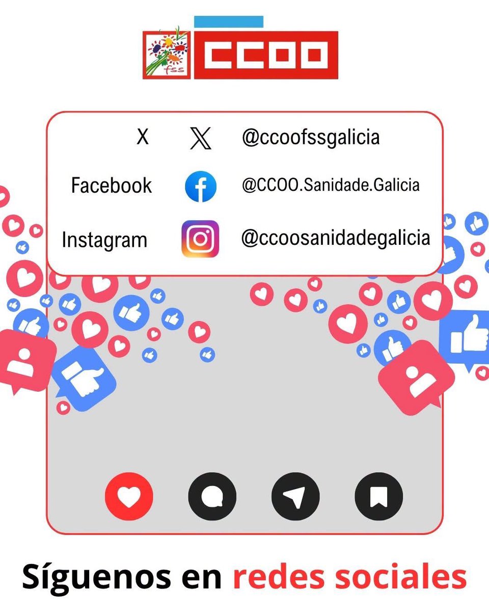 fssccoo's tweet photo. @fssccooand @FSSCCOOAragon @DeliaLizana @fsasturiasarea5 @fsasturiasarea6 @fsasturiasarea4 @fsasturiasccoo @fsscanarias @CCOOSanidadCant @FSSCCOOCYL @CCOOsanitat @FSSCCOOCLM @fssccooextre @FSSCCOOEuskadi 🛜 Sigue las RRSS de la FSS-CCOO Galicia en todas las plataformas
👟 Da el paso y #SaltaALARed https://t.co/HXaEEG4JqJ