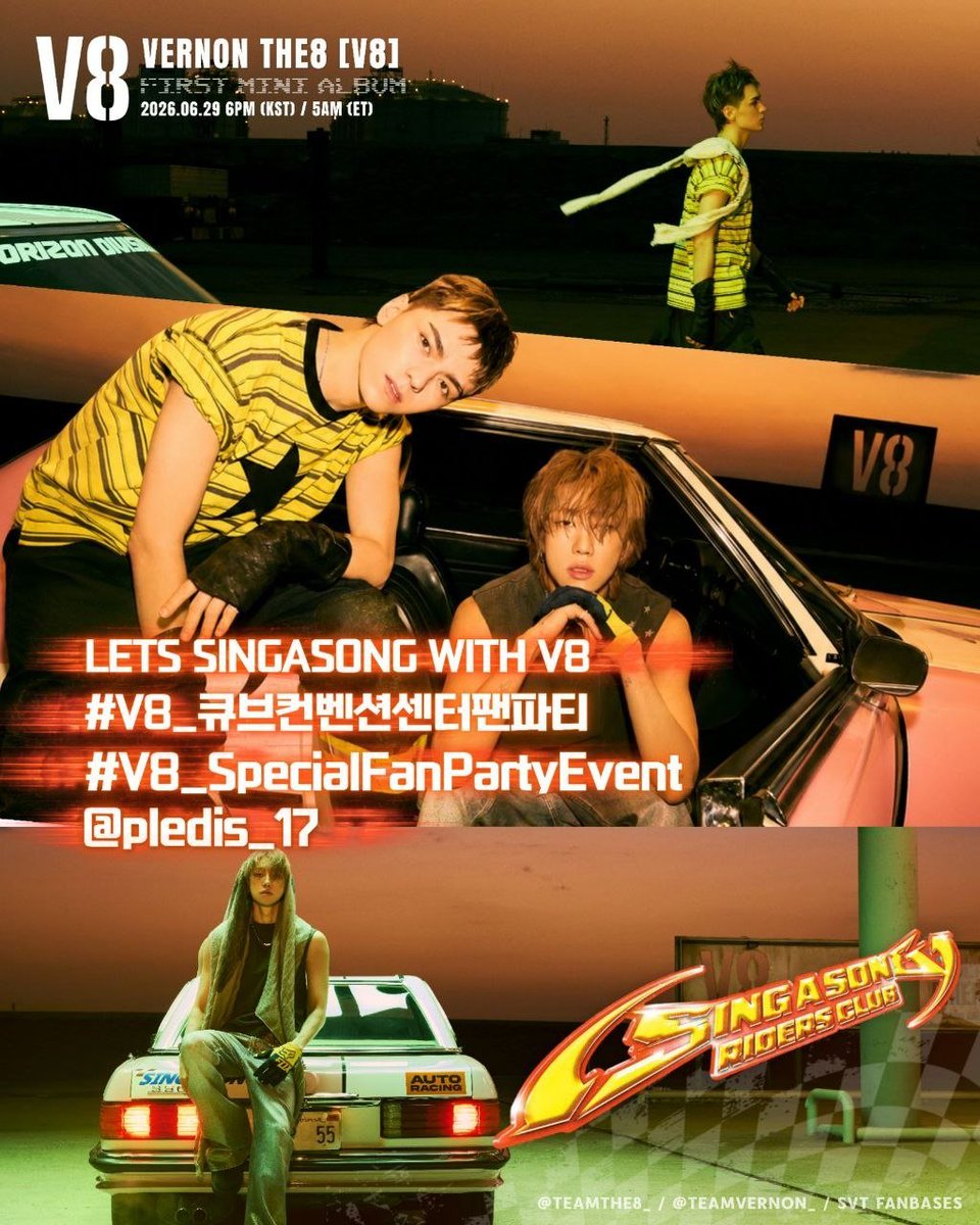 WorldwideCarats's tweet photo. [TRENDS] It's time to rev up our engines and SINGASONG with V8 as they meet Carats at the Special Fan Party 'Singasong Riders Club'! 🏎️

Let's fill the timeline with the tags and show our excitement all while making sure we're still streaming and voting! 🏁

LETS SINGASONG WITH V8
#V8_큐브컨벤션센터팬파티
#V8_SpecialFanPartyEvent
@pledis_17