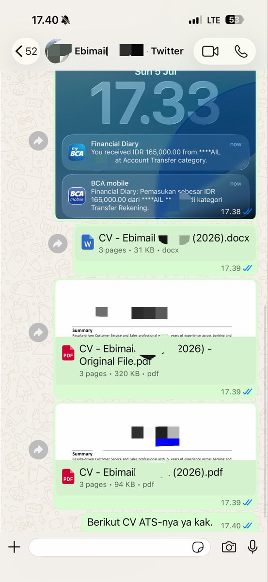 CowokJangkung's tweet photo. Terima kasih Kak Ebimail, Customer ke-61 dari Twitter yang udah order Jasa CV ATS by @CowokJangkung 195 cm.
Semoga bisa membantu ya kak ππ»β¨
#TestimoniCVATS #CVATS #JasaCVATS #ApplicantTrackingSystem https://t.co/7jYEOp6AnE
