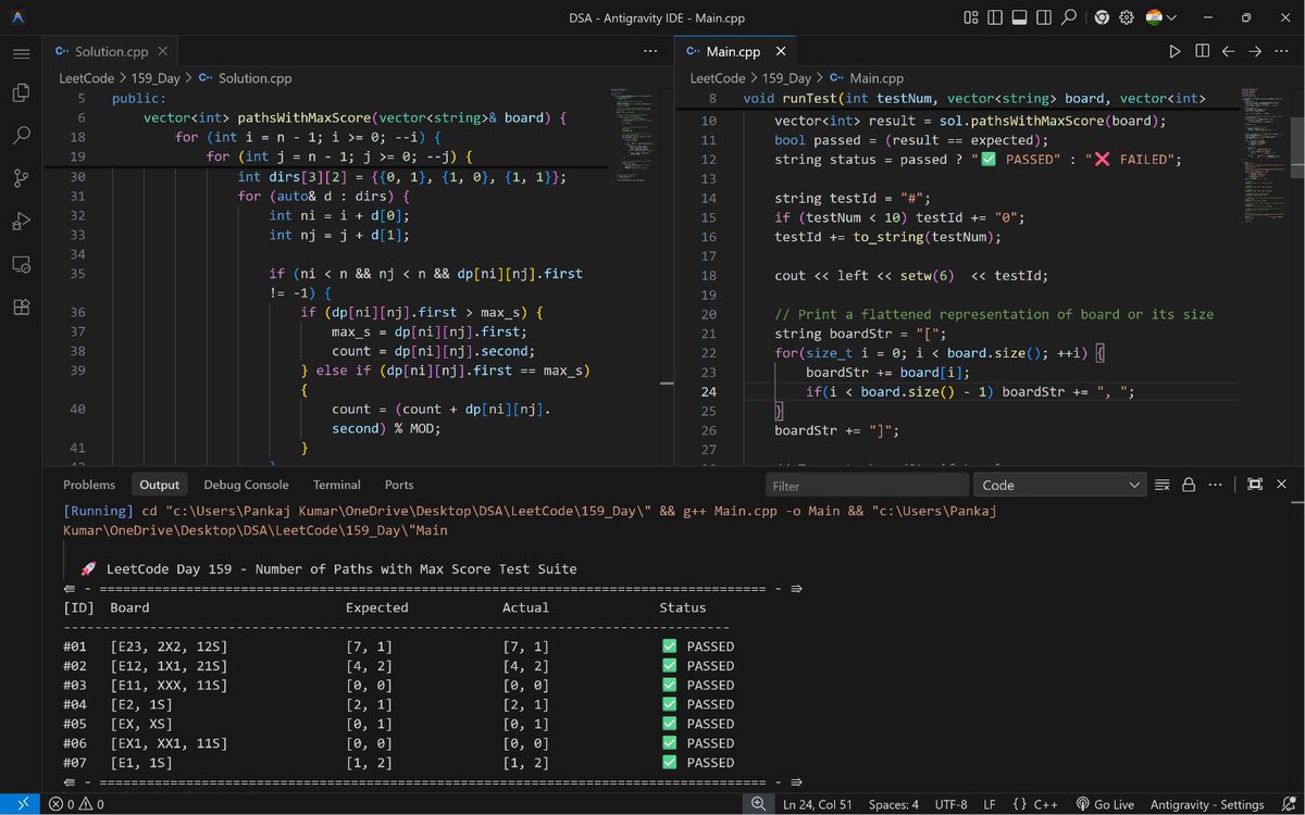 PankajB42550's tweet photo. 🚀 #Day 159/100 (Maximum Sum and Paths on a Board @LeetCode – #Daily)!
Key: DP from bottom-right to top-left. Track max sum and path count for moves: up, left, up-left.
⌛ O(n²) | O(n²)
✅ Accepted
@CoderArmy #100DaysOfCode #DSA #DP #Matrix #DSA26 #DAY159 https://t.co/ydld8jaIjP