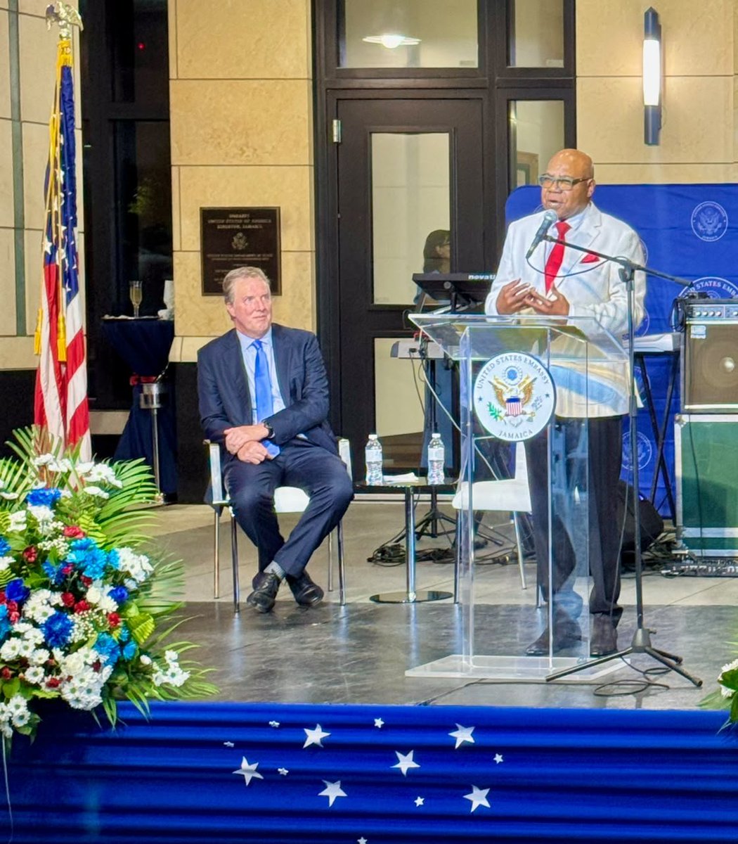 kaminajsmith's tweet photo. Wishing the USA a happy 4th of July and a happy 250th anniversary of independence! Many thanks to Min Ed Bartlett who represented the GOJ and the people of Jamaica in presenting remarks at the Embassy's official event hosted by Chargé d'Affaires Scott Renner.
Best wishes @USEmbassyJA ! (delayed repost w/edits)