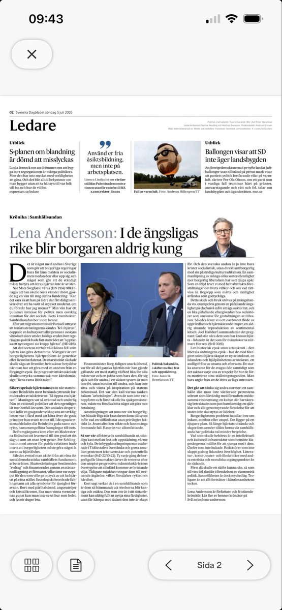 SternStefan's tweet photo. Lena Andersson läsvärd i SvD:

”Vad som skulle behövas är en intellektuell och kulturell infrastruktur som bemötte klagosångerna i stället för att sjunga med i dem. Chefer som inte hukade. Redaktörer som inte slappt godtog lidandets överhöghet.” https://t.co/LWX4AAjpyX