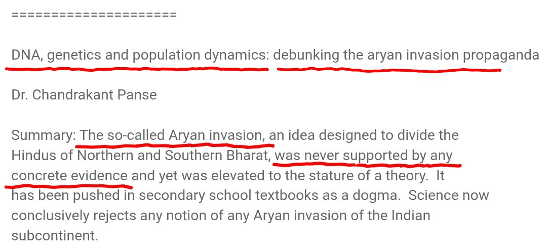 SSundar55252's tweet photo. Debunking the Aryan Invasion/Migration Theory 🔥

Chandrakant Panse (2005):
mtDNA and genetic markers are similar in North and South Indians, but different from Europeans.

Conclusion:
Indians are one genetic group—Aryan migration theory is baseless.

Read it yourself :—— https://t.co/ErQYS2NjEZ