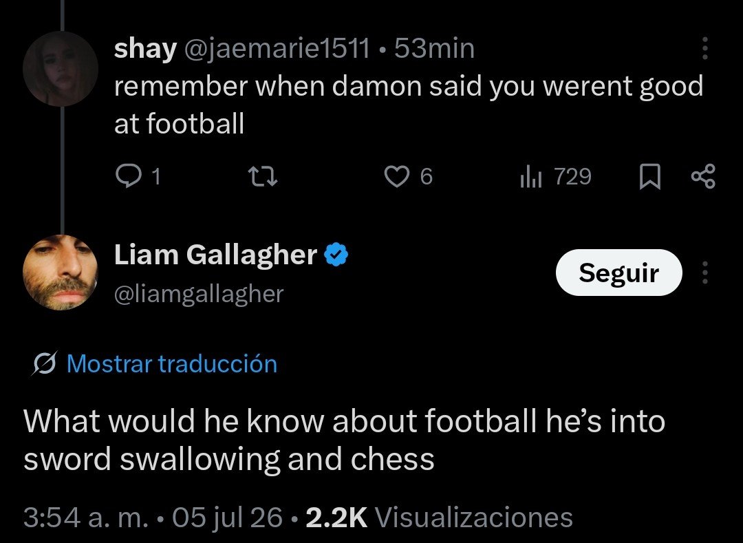 liveforeverlg7's tweet photo. despiertense todos liam le acaba de decir traga sable a damon albarn https://t.co/111F3m2iR5