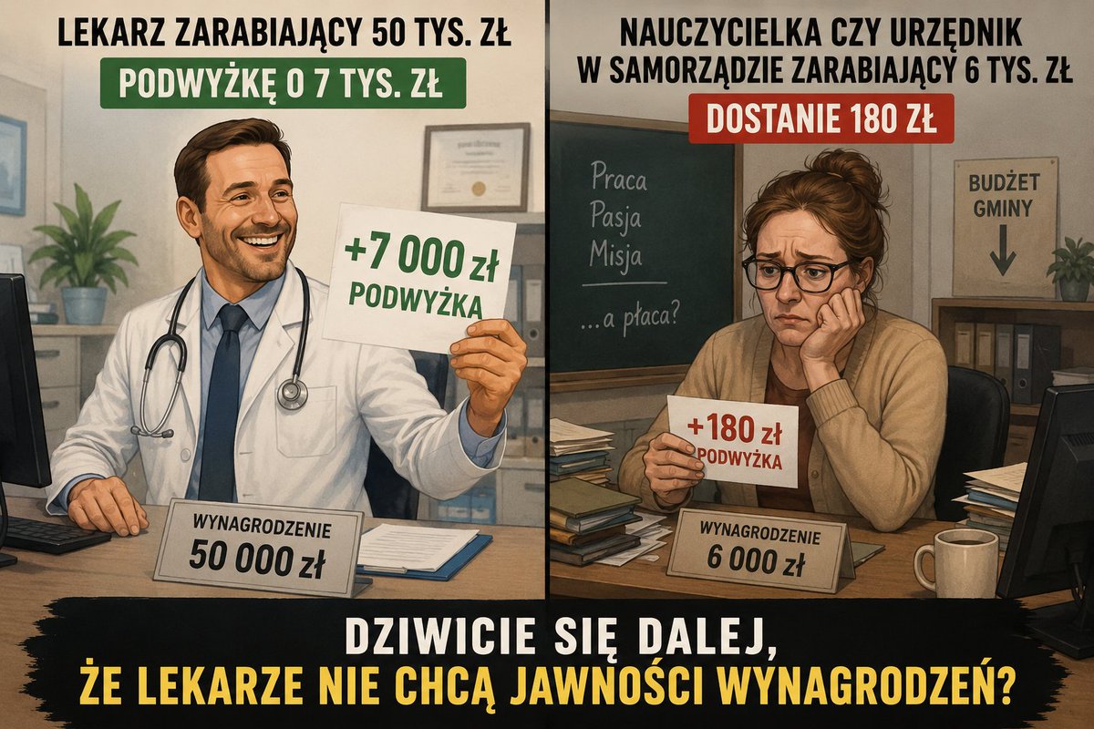 Morgenstern616's tweet photo. W 2025 roku lekarz zarabiający 50 tys. zł dostał podwyżkę o 7 tys. zł,  nauczycielka czy urzędnik w samorządzie zarabiający 6 tys. zł dostał 180 zł, oboje utrzymywani są z naszych podatków, dziwicie się dalej, że lekarze nie chcą jawności wynagrodzeń? https://t.co/vNJt7gttWc