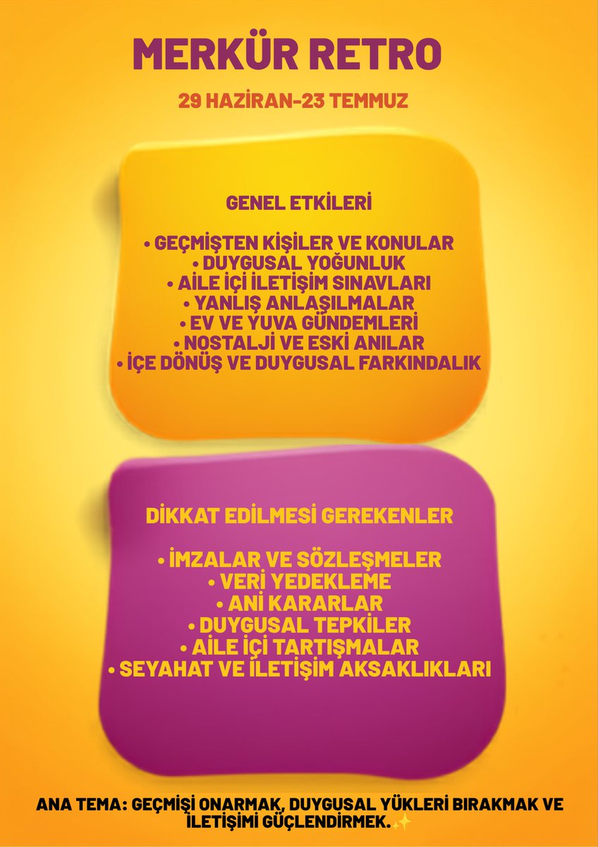 LotusQuennAstro's tweet photo. 🌊 Merkür Retrosu Yengeç Burcunda: 29 Haziran – 23 Temmuz 2026
Bu retro, su elementinin en duygusal burcunda gerçekleşiyor. Merkür’ün iletişim ve zihin gezegeni olması + Yengeç’in duygusal, koruyucu, nostaljik ve aile odaklı enerjisi birleşince dönem oldukça duygusal dalgalı geçiyor.

Bu Retro’nun Genel Temaları:
•  Duygusal iletişim zorlukları: Kalpten konuşmak isterken yanlış anlaşılmalar çok sık. “Ne demek istedim ben?” anları artabilir.
•  Aile ve ev konuları: Aile üyeleriyle eski yaralar, annelik/babalık temaları, evdeki tamiratlar veya taşınma düşünceleri gündeme gelebilir.
•  Geçmişe dönüş: Eski ev, eski sevgili, çocukluk anıları, güvenlik hissiyle ilgili konular tekrar su yüzüne çıkıyor.
•  Duygusal hassasiyet: Herkes biraz daha alıngan, korumacı veya içe kapanık olabilir. “Kabuğuna çekilme” enerjisi yüksek.
•  Teknoloji + ev aksaklıkları: Buzdolabı, çamaşır makinesi gibi ev aletleri, duygusal değer verdiğin eşyalarla ilgili sorunlar çıkabilir.
•  Nostalji ve kapatma: “O zamanlar şöyle olsaydı” düşünceleri artar. Bu, eski konuları nihayet kapatmak için güzel bir fırsat. 
Özellikle etkilenecek burçlar: Yengeç, Oğlak, Terazi ve Koç (ve bu burçlarda yükseleni olanlar). Ama herkes hissedecek.

📌 Bu Dönemde Dikkat Edilecekler 
•  Büyük duygusal kararlar alma (ayrılık, barışma, taşınma).
•  Yeni ev alımı, tadilat başlatma (devam edenleri bitir).
•  Fevri mesajlaşma — özellikle aileyle. Biraz bekle, sakinleş.
•  Yeni iş sözleşmesi veya önemli sunum.
•  Duygusal alışveriş 

✨ Yapman Önerilenler (En Güçlü Zamanlar)
1.  Ev ve iç dünyanı düzenle — Dolap temizliği, eski fotoğraflara bakma, ev enerjisini yenileme ritüeli.
2.  Duygusal temizlik — Günlük tut, meditasyon yap, deniz kenarına git (mümkünse).
3.  Aile bağlarını onar — Eski kırgınlıkları nazikçe konuş (ama zorlama).
4.  Yaratıcı içsel çalışmalar — Yemek pişir, evde hobi, eski projeleri bitir.
5.  Sınırlarını koru — Herkese “evet” deme, enerjini koru.
6.  Teknoloji yedeği — Telefon, bilgisayar backup’larını yap.
7.  Seyahatlerde esnek ol — Özellikle aile ziyaretlerinde ekstra zaman ayır.
8.  Kendine şefkat — Bu dönem “kendini eve dönmek” gibi. Yumuşak ol. 

Pratik İpuçları:
•  İletişimde: “Şu an duygularım yoğun, biraz düşüneyim” diyebilirsin.
•  Taş/Kristal: Aytaşı, pembe kuvars, selenit — duygusal denge için.

Bu retro 23 Temmuz’da bitecek ve Merkür direkt harekete geçtiğinde (birkaç gün sonra) iletişimde rahatlama hissedeceksin. O zamana kadar yavaşla, dinle, iç dünyana dön.