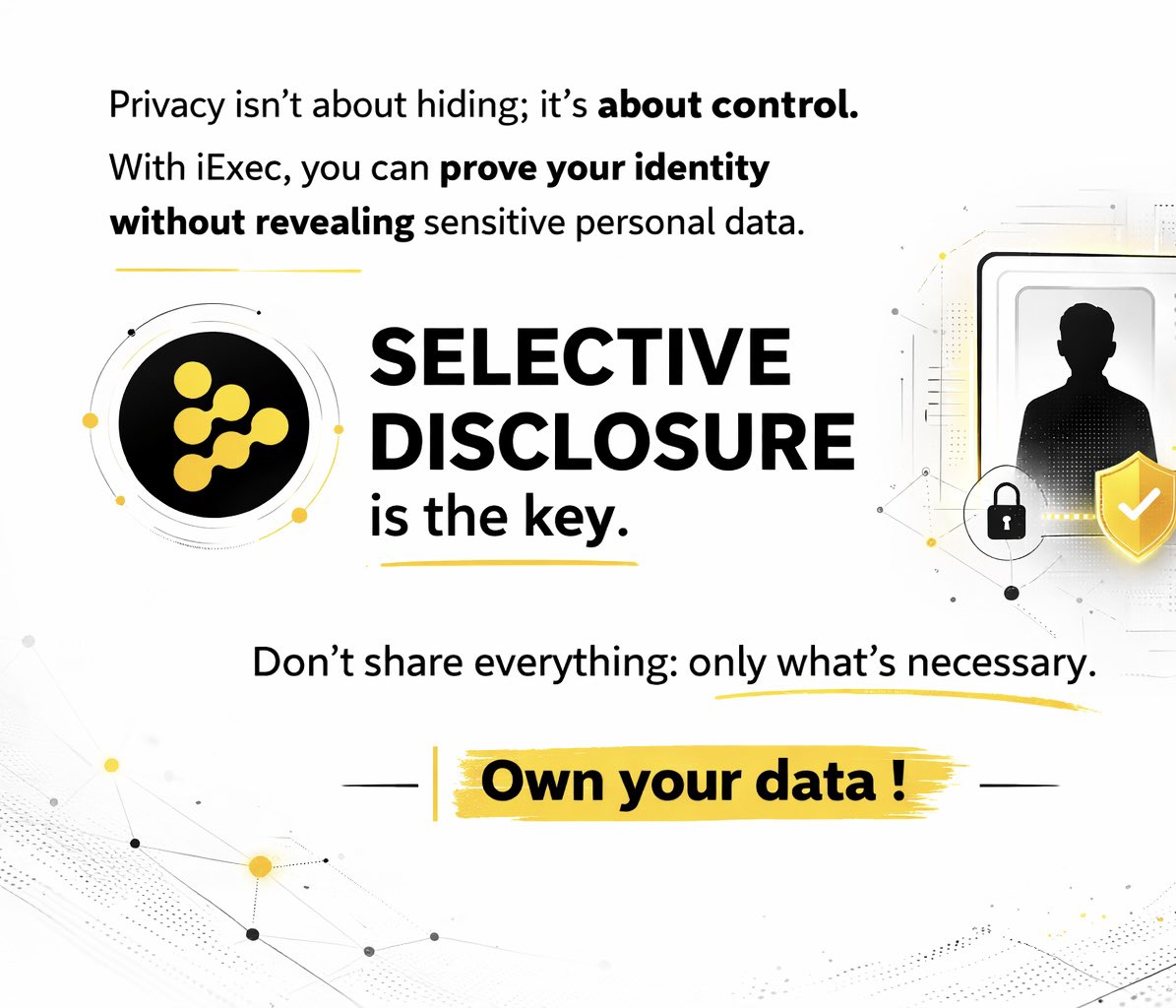 black_presh_'s tweet photo. This is a truly smart way to
handle data in #Web3 !

#iExec makes selective disclosure simple and secure, letting normal users &amp; institutions share what matters without full exposure.

This balance of privacy and trust will definitely speed up real-world blockchain use. 💯

$RLC https://t.co/spPGBIXK04
