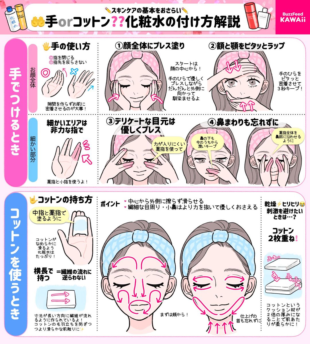 BuzzFeedKawaii's tweet photo. 化粧水の正しい付け方はこれ見て！ https://t.co/PBZdTiVGhB