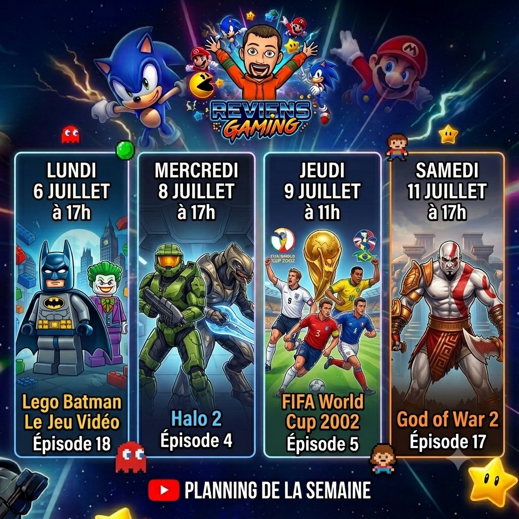 ReviensG's tweet photo. Le NEW programme de la semaine est dispo sur la chaîne Reviens Gaming ! Du très lourd pour votre feed #Gaming.
Ne ratez aucun Let's Play, activez les alertes ici ! 🔔👇 https://t.co/cTWEjvs4yn
et merci pour le RT.
#GameplayFR #LegoBatman #Halo2 #FIFA2002 #GodOfWar2 #JeuxVideo https://t.co/eKKGLrpqtk