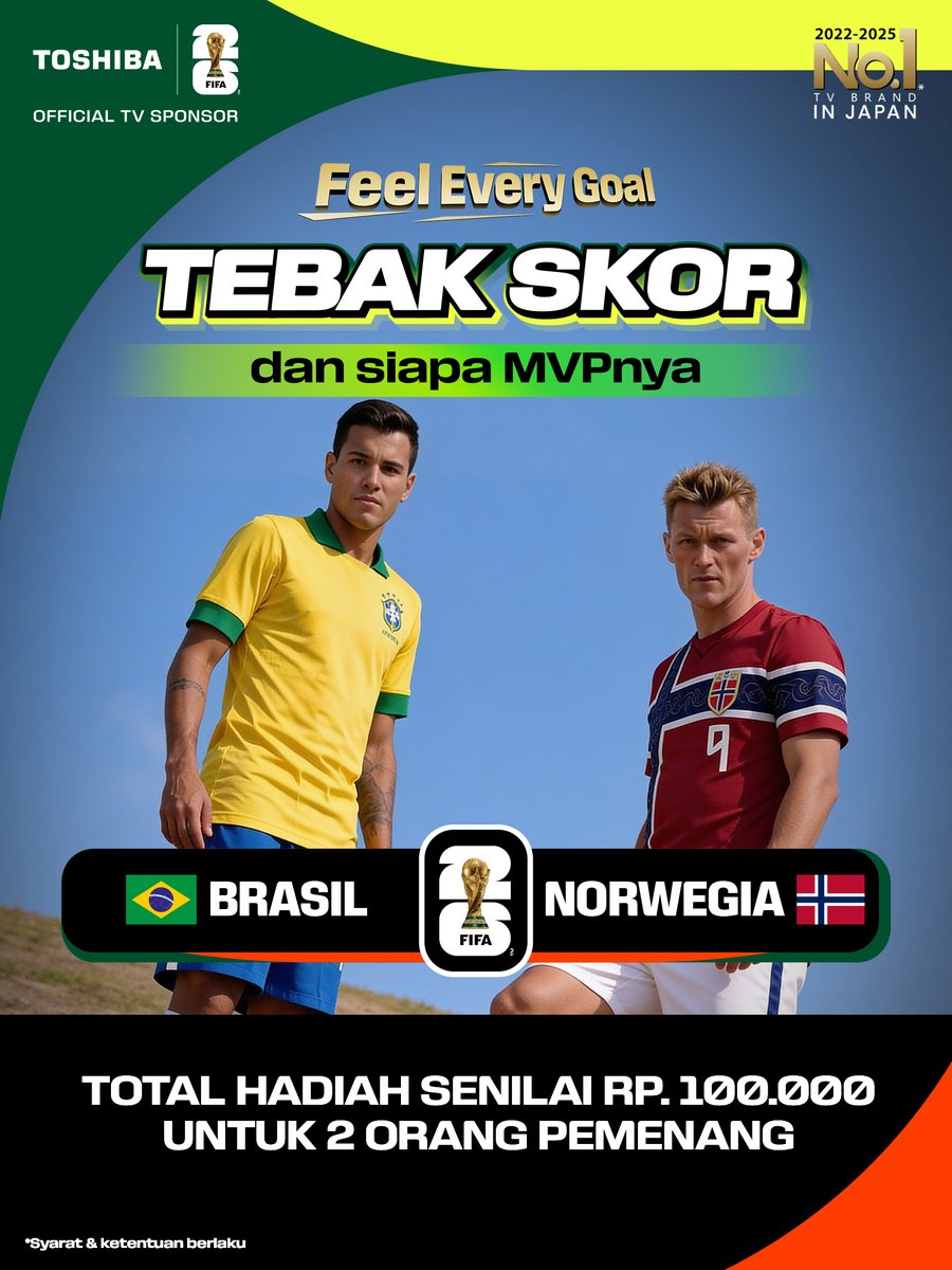 toshibatv_id's tweet photo. Giveaway Tebak Skor!

Brazil vs Norwegia

Syarat:

1. Follow @toshibatv_id &amp; @TribunMilano
2. Like postingan ini
3. Reply dengan skor tebakanmu + siapa MVP match ini. Hashtag #FeelEveryGoal

Ditutup 1 jam sebelum kickoff. Pemenang wajib claim hadiah. https://t.co/08sFIeDorI