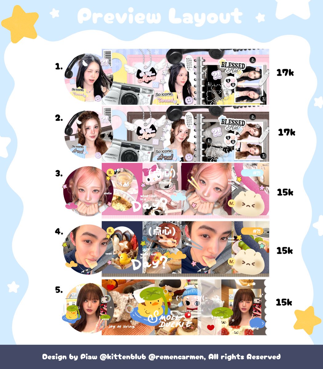 Remencarmen's tweet photo. Helpp rt pwiss ✨️🎀🍀 >3<

Halloww aku kembali membawa Layout ready stock Carmen A-na Ye-on H2H Seonghyeon Cortis Wonyoung ive Jake Jungwon Sunghoon Jay Enhypen, siapa mau? ☝🏻

Total ada 13 layout, scroll ke bawah yaw ⬇ #bealanja https://t.co/E9qeU4KoEc