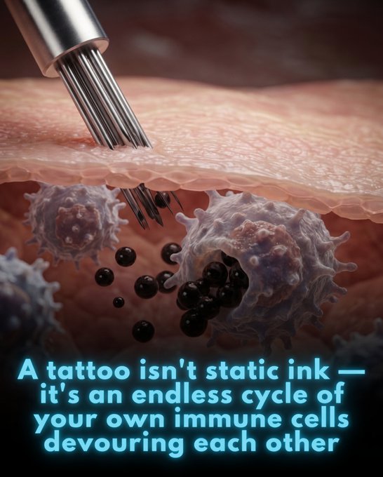 Rainmaker1973's tweet photo. Your tattoo isn’t just decorative ink: it’s a permanent trigger that keeps your immune system locked in a lifelong cycle of chronic inflammation.

As soon as the ink is injected into your skin, your body recognizes the pigment particles as foreign invaders. Immune cells called macrophages immediately swarm the area and attempt to swallow them up. But because they can’t actually break down the ink, the macrophages eventually die, releasing the pigment back into the surrounding tissue — only for a new wave of macrophages to arrive and repeat the process.

This endless cycle is what keeps the tattoo permanently visible, while also maintaining a state of ongoing, low-level inflammation in the skin.

Over time, some of these ink particles migrate through the lymphatic system and accumulate in the lymph nodes, placing constant stress on the body’s defense mechanisms. Emerging research suggests this internal ink buildup may interfere with normal immune function, potentially reducing the effectiveness of certain vaccines, including mRNA types. Additionally, many tattoo inks contain heavy metals like nickel and cobalt. Combined with the chronic inflammation, this has been linked to a modestly elevated risk of lymphoma and skin cancer.

While tattoos remain a powerful form of self-expression, they represent a complex, decades-long biological conflict between your immune system and foreign substances embedded in your skin.

[Nielsen, C., Jerkeman, M., & Jöud, A. S. (2024). Tattoos as a risk factor for systemic lymphoma: A population-based case-control study. eClinicalMedicine]
