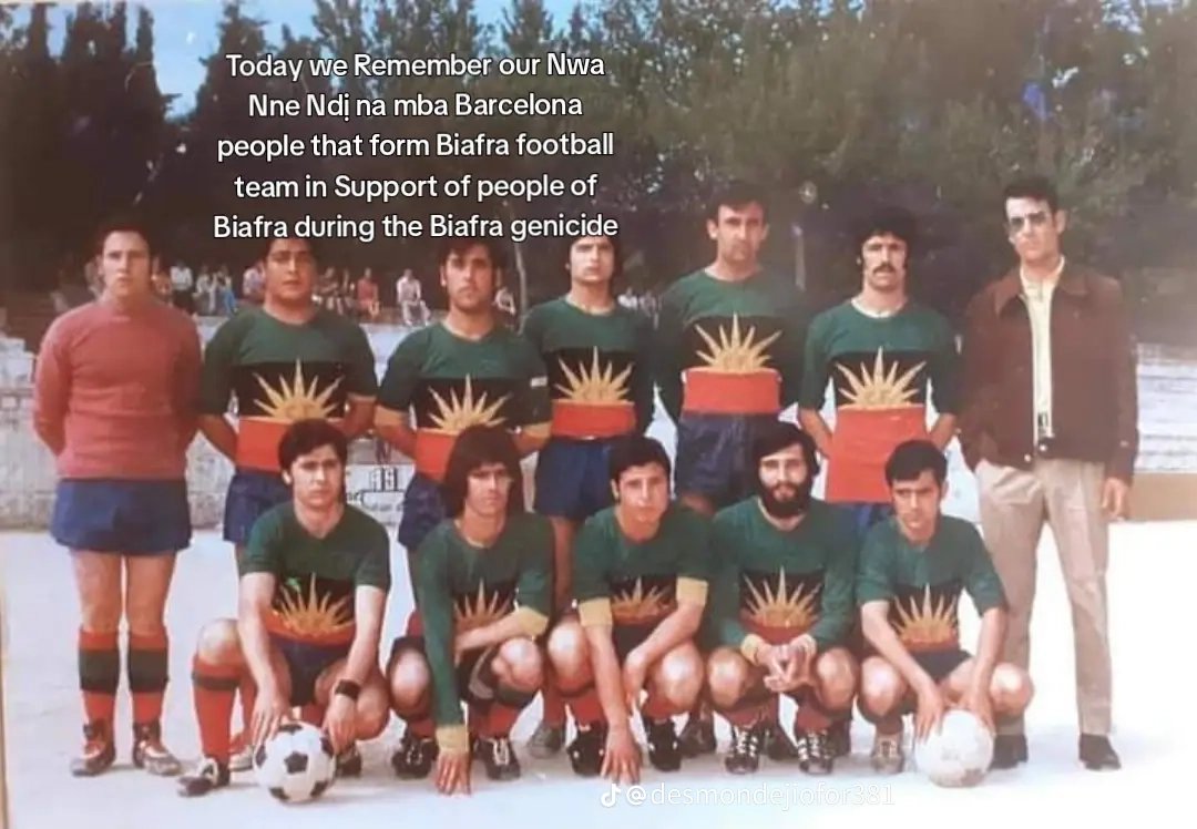 Soothsayya's tweet photo. This is a picture of the Biafra Football Club (CF Biafra), founded in 1969 in Valls, near Barcelona, by non-Biafrans (mainly Catalan football enthusiasts) during the Nigerian Civil War.  

They created the team to show solidarity with Biafra and raise global awareness of the crimes and genocide committed against the Biafran people.