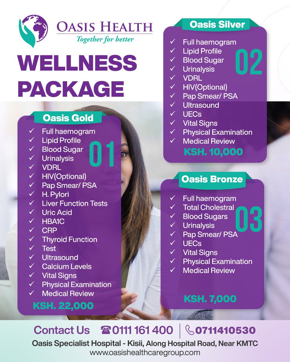 OasisHospital2's tweet photo. Whether you choose Bronze, Silver, or Gold each package offers a thorough health assessment tailored to your needs and lifestyle.

Book your wellness screening today:
📞 0111 161 400 | 0711 410 530

#WellnessPackage
#HomeOfSpecialists https://t.co/esThyL5RMO