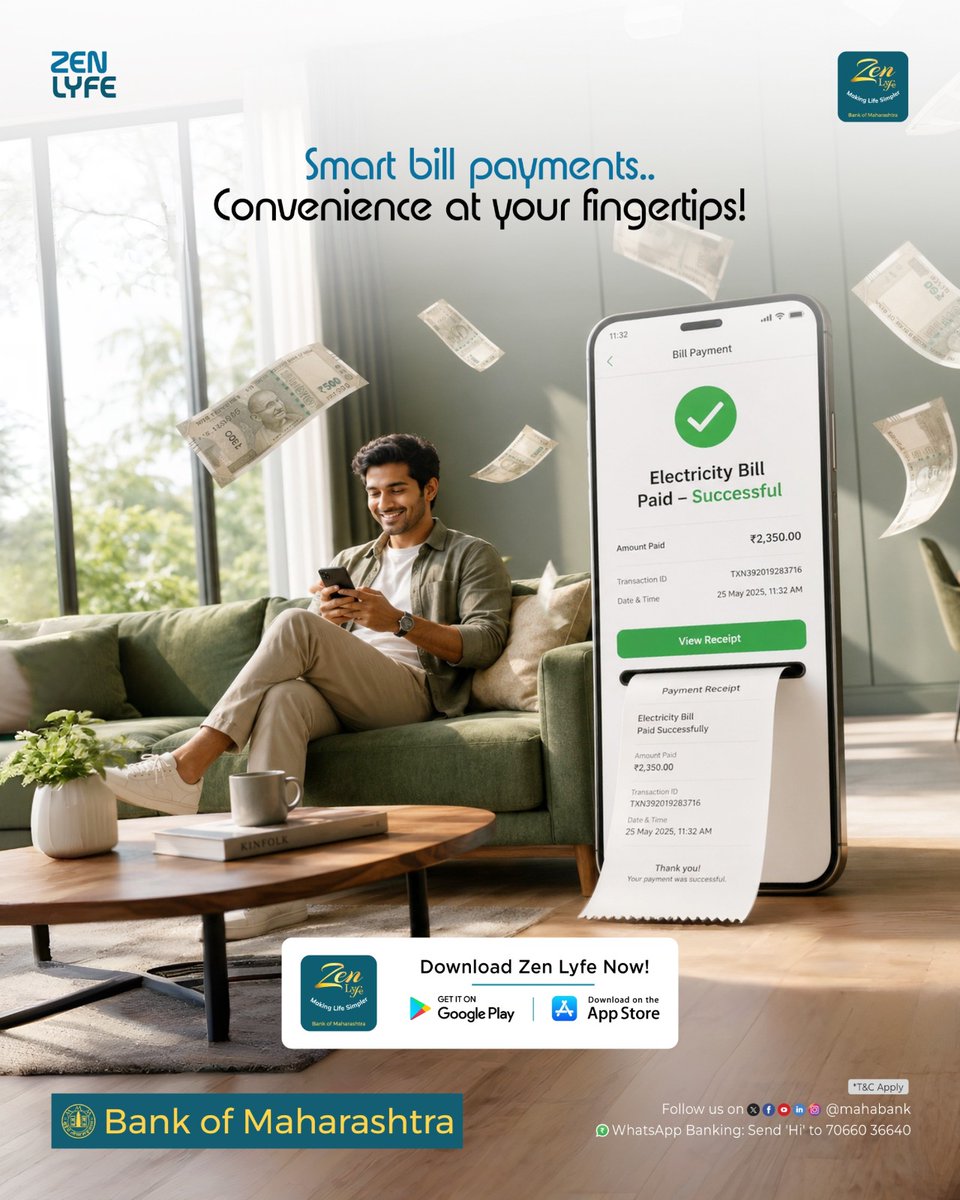 mahabank's tweet photo. With Zen Lyfe, smart bill payments are now simpler than ever. From electricity bills to everyday expenses, convenience is truly at your fingertips. Download the app today and experience the ease of managing your finances anytime, anywhere.
#ZenLyfe #MakingLifeSimpler https://t.co/kOKeQ5bbeT