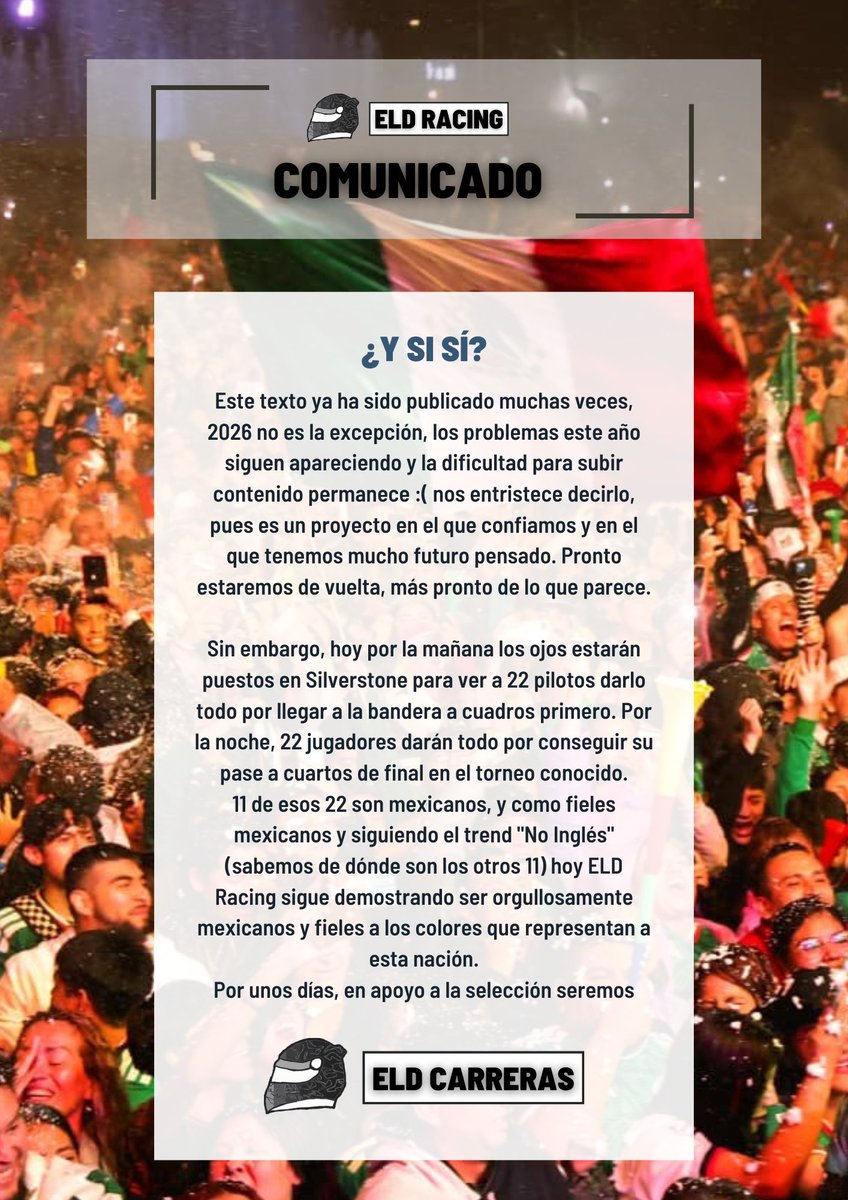 EldRacing's tweet photo. Comunicado
Vendrán mejores tiempos ...

🇲🇽
Aunque hoy toca apoyar a los nuestros ... ¡Vamos con todo, México!
¿Y si sí?
🇲🇽

#BritishGP 🇬🇧
#NoInglés https://t.co/aGNx2Z18af