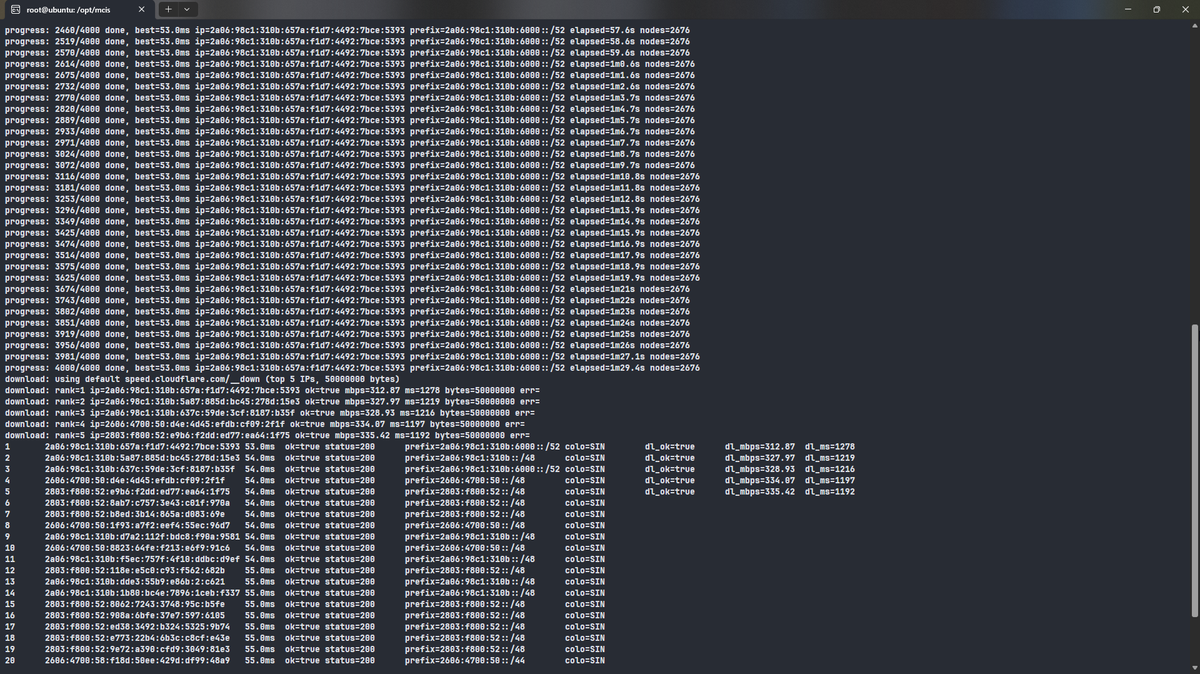 FrankkkkkkLau's tweet photo. 推荐一个我最近在用的Cloudflare ip优选工具, 叫mcis
相比cfst, 不容易触发cf和运营商的风控机制, 而且ipv6优选效果更好, 移动和电信能优选出走HKG, SIN和NRT的ipv6。运气好的话可能还可以找到本地运营商做了特殊优化的ip段(?)
不过搭建代理和优选是违反tos的, 频繁测速也可能会被运营商判定为对外攻击, 请自行承担后果
https://t.co/daKiRJNo2o