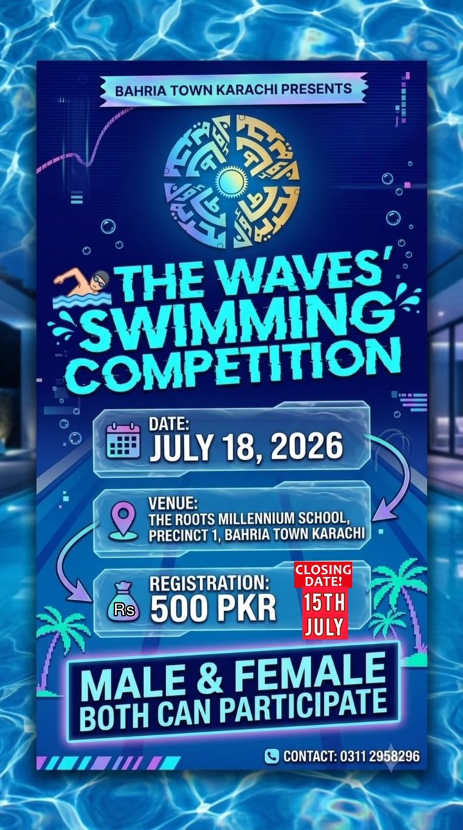 BTKOfficial_1's tweet photo. -Register Yourself for the BTK Swimming Competition - 18 July 2026.
-20 and 40 Meters.
-Registration Deadline: 15 July 2026.
-Open to Male &amp; Female Participants.
-Registration Fee: PKR 500.
-Register Today: 0311-2958296.
#BahriaTownKarachi #sports #swimmingpool #swimming https://t.co/kiPkxnbYm4