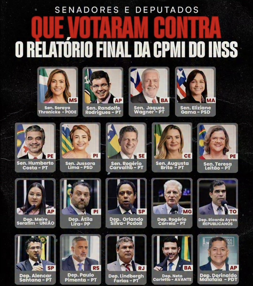 ftava01's tweet photo. @obomvelhinho13 @XandedeM0res @CarlosPortoRJ A FACÇÃO QUE ENTERROU A CPMI DO INSS PARA SALVAR FABIO LUIS LULADRÃOZINHO DA SILVA E FREI CHICO. BLINDADO ANISTIADO FORAGIDO https://t.co/FJr1klLpoc