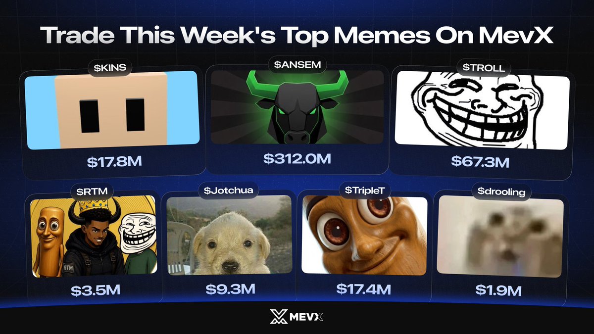 MEVX_Official's tweet photo. a generational week for memecoins

did everyone catch at least one of these at this point?
$ANSEM
$Jotchua
$KINS
$TripleT
$drooling
$RTM
$TROLL

rest up bulls. we go again next week ⚡️ https://t.co/0o43ps1B91