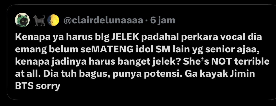 gcftkoo_'s tweet photo. Mentang2 jm bukan anak bangsa seenaknya tumbalin nama dia buat validasi kemarahan

Ga mau idolanya di katain jelek tapi mau ngatain idola orang jelek @clairdelunaaa bukannya introspeksi malah makin brutal jadi polisi vocal. Sadar kenapa fave lu di rujak, punya congor tuh di jaga https://t.co/FeaRooSufL