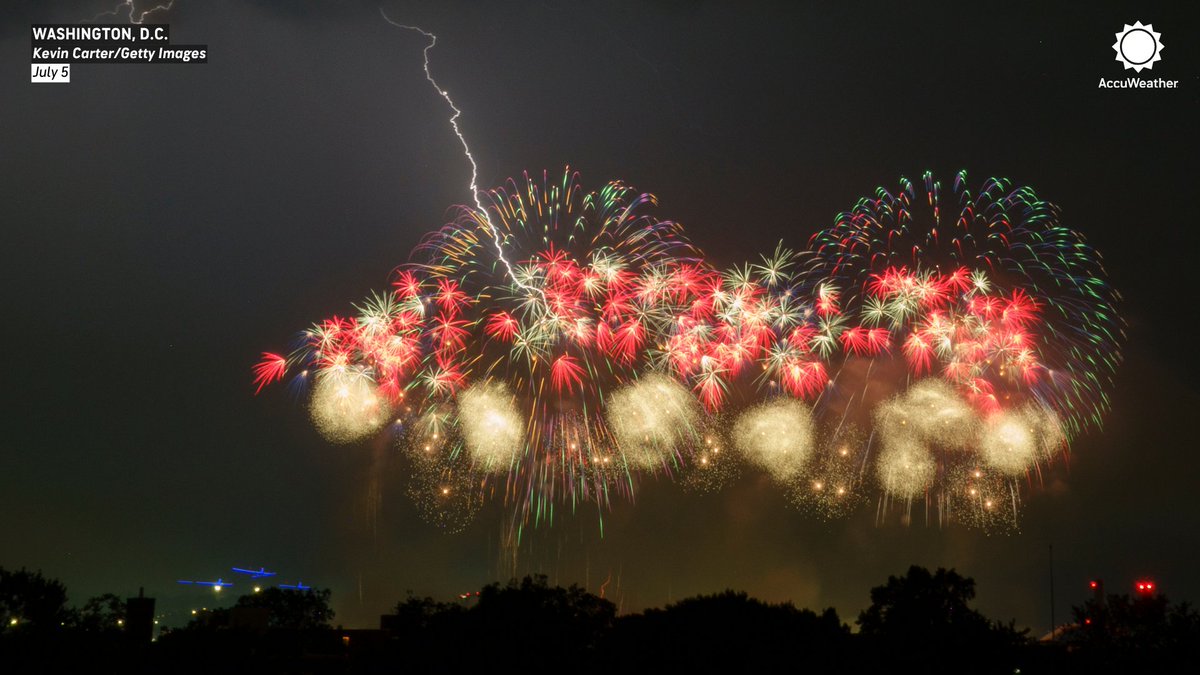 accuweather's tweet photo. Lightning strikes as fireworks from the Freedom 250 Salute to America Independence Day celebration go off in Washington, D.C. https://t.co/dxPsPmQ7d8