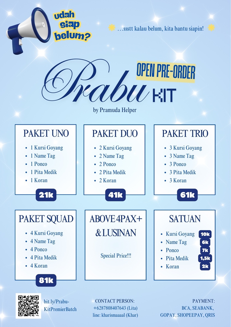 draftanakunpad4's tweet photo. 📢OoOooOyyyy Pramuda udah siap Prabu belum???👀
kalau belum, tenang… kita bantu siapin!!!

🪄Open PO Prabu Kit🪄
murce, sat set, no repot!! 
🌟Special price buat pembelian ramean
🙀Scan Barcode, Jangan sampe kehabisan &amp; pusing H-1🏃‍♂️
📲 Masih Bingung? Chat aja
pad! https://t.co/ktmGCZXUMt