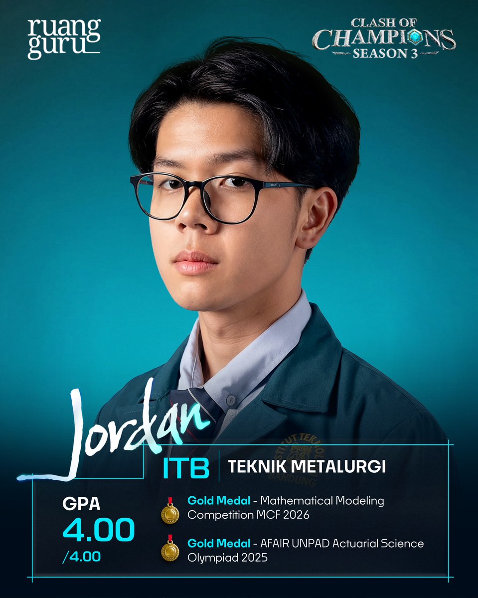 insidefolkative's tweet photo. Profil Jordan Hervianto, mahasiswa Institut Teknologi Bandung (ITB)  jurusan Teknik Metalurgi dengan IPK sempurna 4.00/4.00, yang kini jadi peserta Clash of Champions Season 3: 

- Berhasil meraih Gold Medal pada Mathematical 

- Modeling Competition MCF 2026, kompetisi yang menguji kemampuan pemodelan matematika untuk menyelesaikan permasalahan nyata.

- Meraih Gold Medal pada AFAIR UNPAD Actuarial Science Olympiad 2025, salah satu kompetisi aktuaria tingkat nasional.

- Mengoleksi tiga medali nasional lainnya di bidang matematika dan aktuaria, yaitu:
Bronze Medal Olimpiade Matematika ITS (OMITS) 2024.
Bronze Medal ASiQ UGM Actuarial Science Olympiad 2024.
Bronze Medal AFAIR UNPAD Actuarial Science Olympiad 2023.

- Konsisten menorehkan prestasi di bidang matematika dan aktuaria sejak SMA hingga bangku kuliah.

- Tampil impresif di Clash of Champions (COC) Season 3, khususnya pada game Arithmetic Stereo, yang menonjolkan kemampuan numerik dan logikanya.
Pernah lolos seleksi Academy of Champions dan kini menjadi salah satu peserta Clash of Champions Season 3.

- Selain berprestasi di akademik, Jordan juga merupakan atlet tenis meja yang mewakili kampusnya.