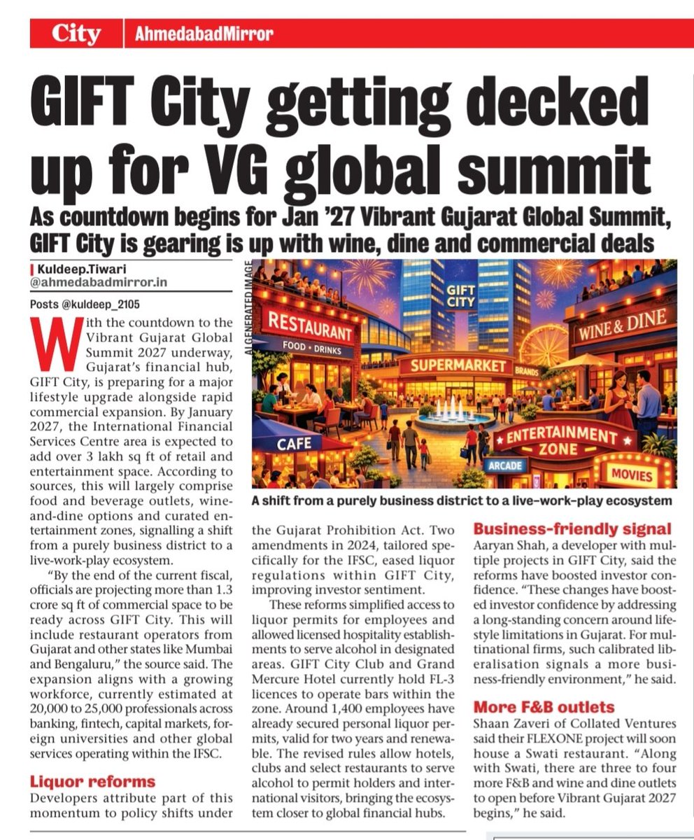 kuldeep_2105's tweet photo. Fin hubs aren't built on office towers alone. #GIFTCity seems to have recognised it.
As #VibrantGujarat2027 nears, #policyreforms, #lifestyle infra & retail expansion r addressing it to attract & retain global talent
Read More
https://t.co/XM7QV6ha8Y
#Gujarat #India https://t.co/MpdjU6pJ9T