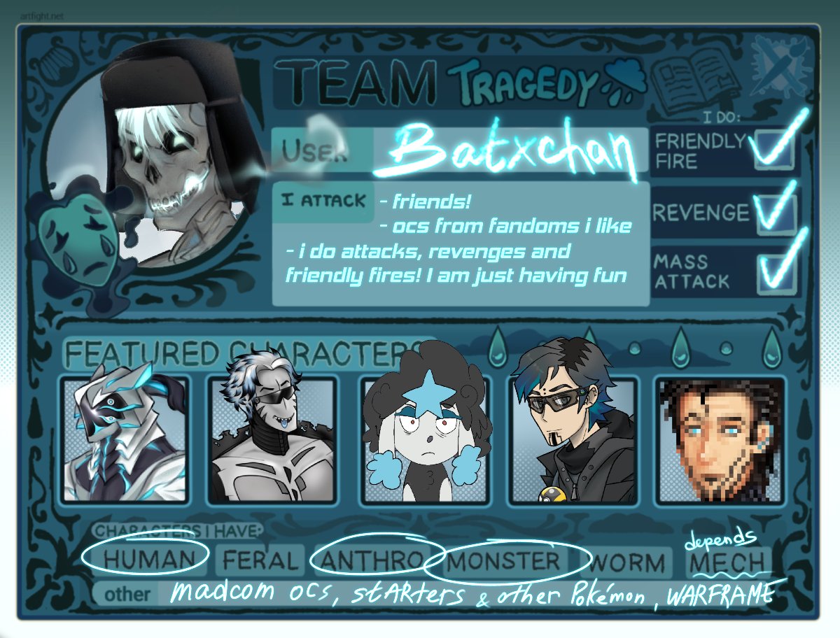 batxchan's tweet photo. hi guysss im attacking mostly moots, friends and do revenges :33 but i dont mind new encounters 
#artfight2026 #artfight
mostly lf #warframe #madcom #starters ocs but i dont mind getting creative with other https://t.co/gC6N37QhBQ