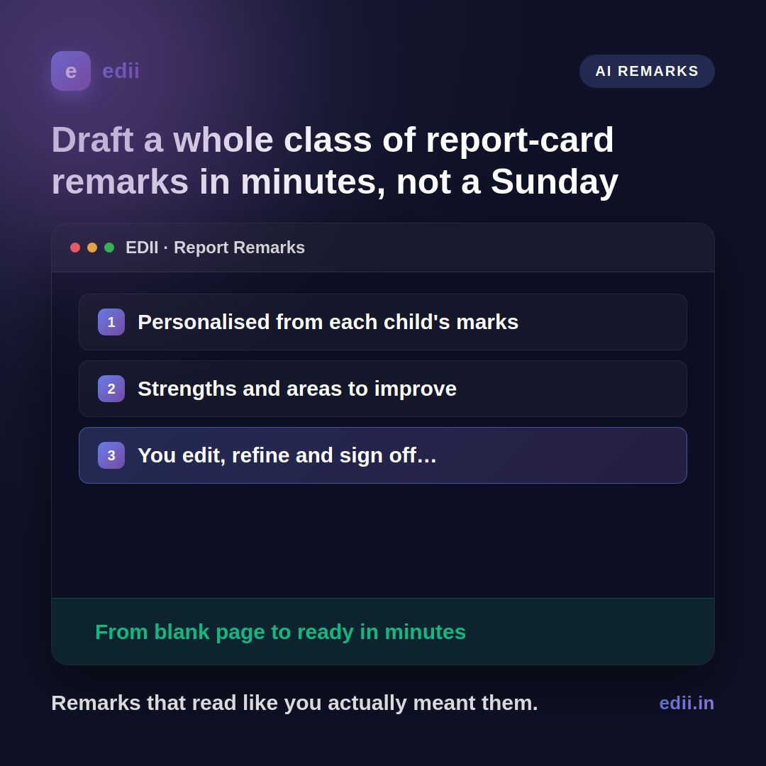 TeamEdii's tweet photo. Report-card comments shouldn't cost a Sunday.
EDII's AI drafts a personalised remark per child; you refine and approve.
Reclaim your weekend → https://t.co/HTUl4V35dq
#TeacherLife #EdTech #SchoolSoftware https://t.co/bXcrVWcdAP