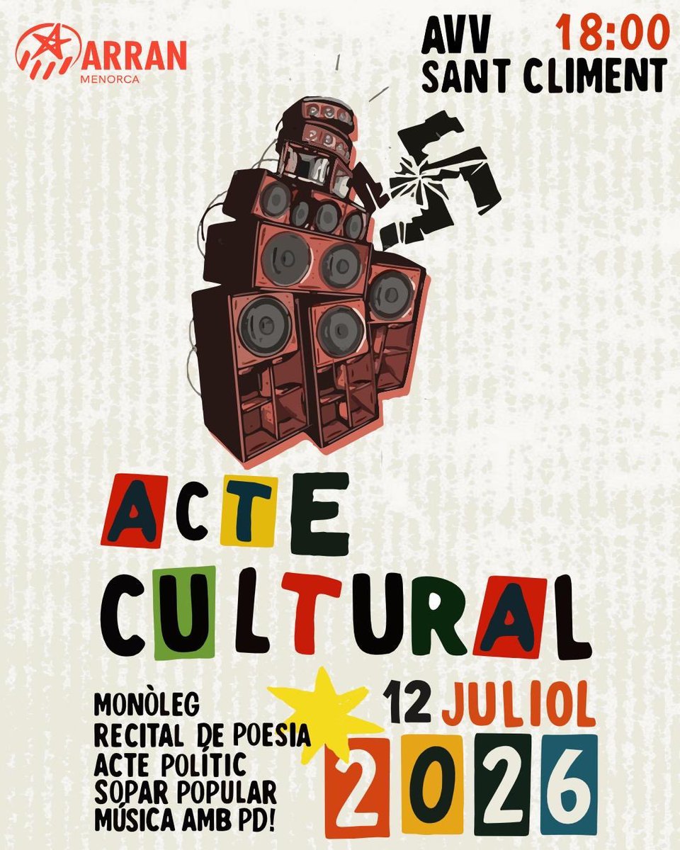 arranmenorca's tweet photo. Mentre esperam les festes, escalfam els motors amb una sorpresa…🫣

Vine a l’acte cultural d’Arran Menorca‼️
Amb monòleg, recital de poesia, acte polític, música fins tard + sopar popular… 🍕🎶

📆 12 de juliol
🕐 18:00
📍AVV de Sant Climent

Jovent menorquí, vos hi esperam🫵 https://t.co/CyyJsA4Hnb