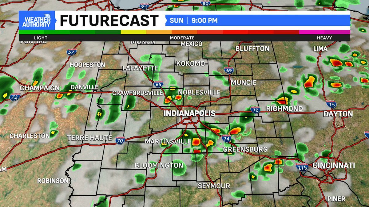 EthanRosuckWX's tweet photo. Humidity lingers Sunday with near-seasonal temperatures. Forecast highs in the low-to-mid 80s. Scattered afternoon &amp; evening showers/storms expected. Like yesterday, heavy rain/localized flooding possible in the strongest storms. Coverage will NOT be as high as yesterday. #INwx https://t.co/iq5SidFJtF