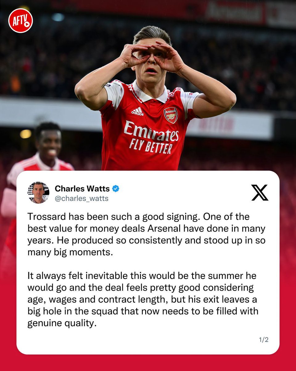 AFTVMedia's tweet photo. A key part of the rebuild and a cult hero among Arsenal fans, Trossard has shown everyone exactly why Arsenal brought him in, and he finally helped us win the Premier League! 🏆🔥

It would be very sad to see him go. We can never thank you enough, Leandro! 🫡❤️ https://t.co/LKLIPC0xOb
