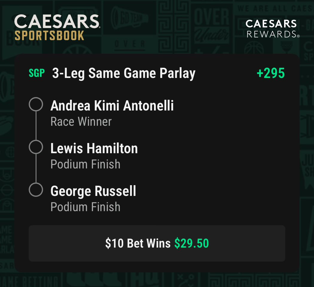 rob_runss's tweet photo. Been awhile since I’ve bet on F1, one of my favorite sports. 

✅ Antonelli to win
✅ Hamilton podium
✅ Russell podium

It’s only +295, but it’ll feel like a million if this hits. 🍀🏁

#F1 #BritishGP #Formula1 #SportsBetting #BettingTwitter #GamblingX

https://t.co/02BpklXJpY https://t.co/lEiuXTZ5HW