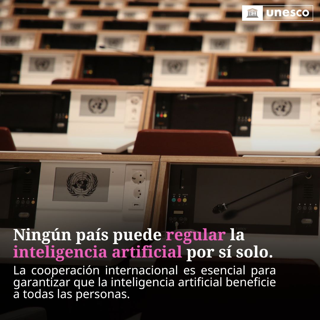 UNESCO_es's tweet photo. Desde la innovación y el crecimiento económico hasta la ética, la confianza y la inclusión, ningún país puede afrontar por sí solo las oportunidades y los desafíos que plantea la #IA.

La cooperación internacional es esencial para garantizar que el desarrollo de la IA beneficie a todas las personas y sociedades.

La UNESCO participará en el primer #AIDialogue, que reunirá a Estados y otras partes interesadas para contribuir a construir un enfoque más inclusivo de la gobernanza de la IA: https://t.co/Xgp0ISiUNu