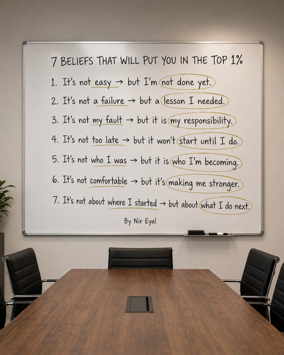 nireyal's tweet photo. Most self-help tells you to work harder. The research says something stranger: the people who pull ahead don't have better discipline. They have better beliefs.

Beliefs aren't facts. They're tools. And when you understand how they work, you can swap the ones that aren't serving you for ones that do.

Here are seven I've found worth holding — each one backed by a study I keep returning to.

1. Willpower isn't a limited resource.

Carol Dweck's lab showed that signs of ego depletion only appeared in people who believed willpower was finite. Everyone else kept going. The belief was doing the work, not the glucose.

2. Distraction starts from within.

The phone isn't the cause. It's the cope. Notice the discomfort you're trying to escape — boredom, anxiety, loneliness — and you've done more than any app blocker can.

3. The opposite of distraction is traction.

Both come from the Latin trahere, to pull. You can only say you got distracted if you know what you got distracted from. Open the calendar first.

4. Identity precedes behavior.

Vegetarians don't debate bacon. People who call themselves indistractable don't negotiate with the notification. The label does the lifting.

5. Time management is pain management.

All behavior is an attempt to escape discomfort. Productivity is the skill of sitting with that discomfort long enough to do what matters.

6. You can't be addicted to something you can quit.

The casual use of "addiction" flatters us — it locates the problem out there. For most people, the honest word is overuse, and overuse is a design problem you can fix.

7. Beliefs are tools, not truths.

This is the meta-belief that holds the others up. If a belief stops working, you're allowed to put it down.

The top 1% aren't grinding harder. They're carrying lighter assumptions.
