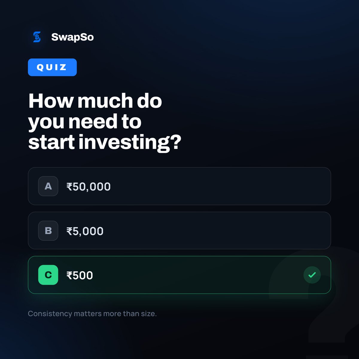 SwapsoApp's tweet photo. Pop quiz: how much do you need to start investing?
A) ₹50,000 B) ₹5,000 C) ₹500.
It is C, less than one weekend food order 🍕

The gap between you and 'investor' was never lakhs. It was the first ₹500 and the habit of repeating it.

Did you guess right?
#MoneyQuiz #StartSmall https://t.co/r1NEM41zGA