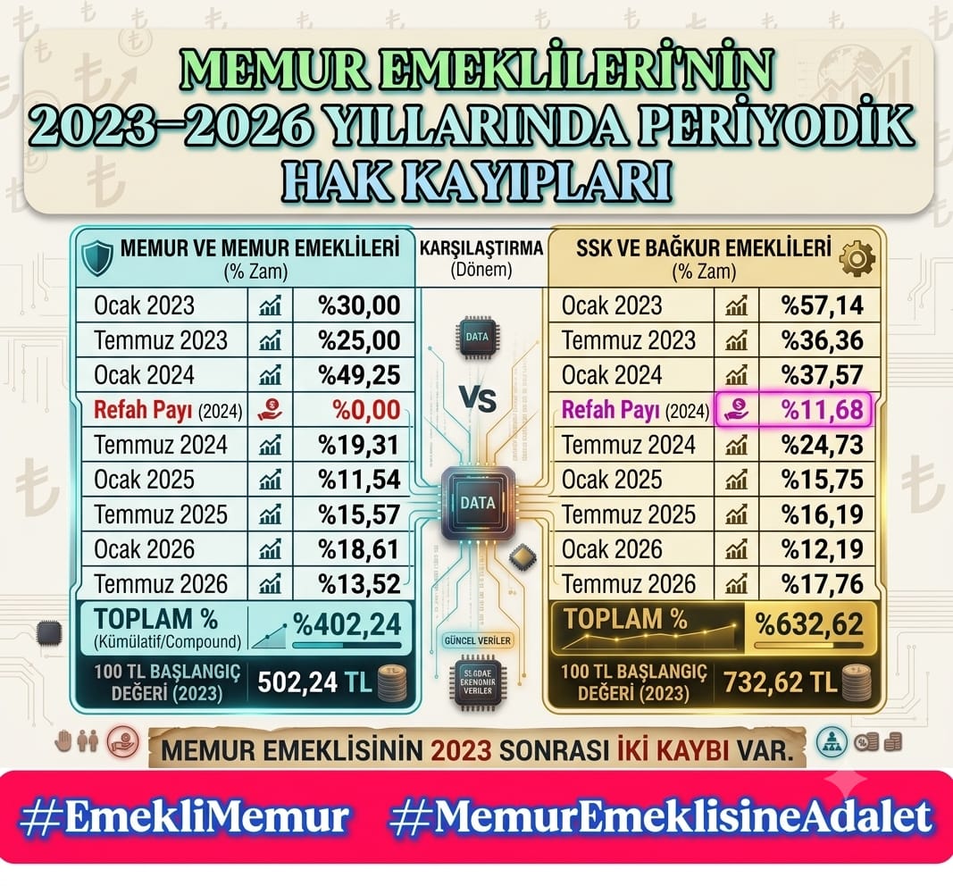 AysunKayma89276's tweet photo. #EmekliMemur a ADALET nezaman gelecek❓
2023-2026 yılları arasında en çok hak kaybına uğrayan #EmekliMemur❗
Şu tabloya bakar mısınız❓
Herşey apaçık ortada❗
@AYMBASKANLIGI    duy sesimizi❗
#EmekliMemur seyyanen zam hakkının iadesini istiyor❗
@AYMBASKANLIGI 
@tcbestepe 
@RTErdogan 
@Akparti 
@MHP_Bilgi 
@dbdevletbahceli 
@memetsimsek 
@isikhanvedat

#MemurEmeklisineAdalet